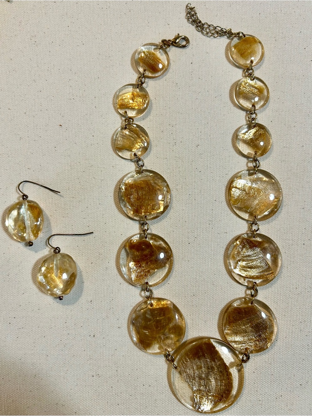 Gold-Tone Circular Glass Pendant Necklace with Matching Earrings